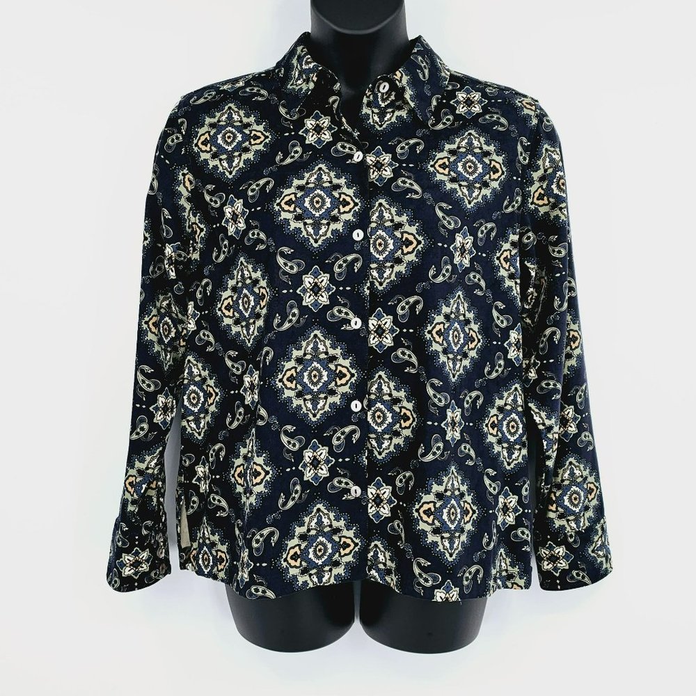 La Cabana Button Down Shirt XL Blue Green Floral Paisley Faux Suede Long Sleeve